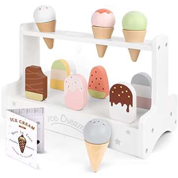 WHOHOLL Ice Cream Toddler Girl Toys, Wooden Serve Ice Cream Counter Playset, Pretend Play Food Toy w...
