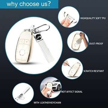 QBUC Mercedes-Benz Key Fob Cover, TPU Protector with Leather Keychain - 2017-2021 E, 2019-2023 A and C-Class, G-Class, White