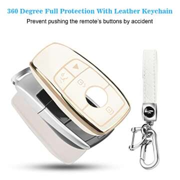QBUC Mercedes-Benz Key Fob Cover, TPU Protector with Leather Keychain - 2017-2021 E, 2019-2023 A and C-Class, G-Class, White