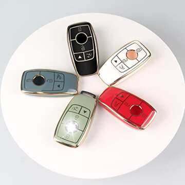 QBUC Mercedes-Benz Key Fob Cover, TPU Protector with Leather Keychain - 2017-2021 E, 2019-2023 A and C-Class, G-Class, White