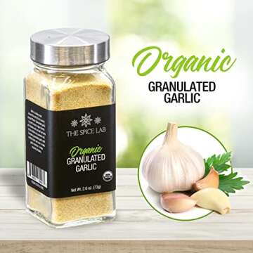 The Spice Lab Organic Garlic Powder Granulated - Gluten Free Dried Garlic Organic - 2.6 oz French Jar - Non GMO & Kosher Organic Garlic Granules for Stir Fry Vegetables, Pasta Sauce & Garlic Toast