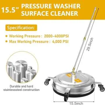 EVEAGE 15.5" Pressure Washer Surface Cleaner, Power Washer Surface Cleaner with 4 Wheels, Stainless Steel Housing Power Washer Accessories with 2 Extension Wands, Replacement Nozzles & 4000 PSI,EP006
