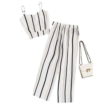 Milumia Women Striped Crop Cami Top with Pants Two Piece Outfit Romper Jumpsuits White Small