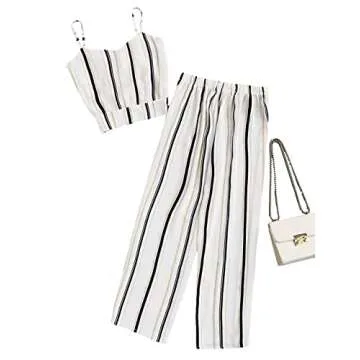 Milumia Women Striped Crop Cami Top with Pants Two Piece Outfit Romper Jumpsuits White Small