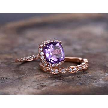 2pcs Amethyst wedding ring set!8mm Cushion Engagement ring,petite rose gold plated,925 sterling silver stacking CZ Bridal ring,matching band,Women Halo ring,Man Made diamond CZ ring,any size