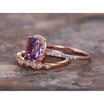 2pcs Amethyst wedding ring set!8mm Cushion Engagement ring,petite rose gold plated,925 sterling silver stacking CZ Bridal ring,matching band,Women Halo ring,Man Made diamond CZ ring,any size