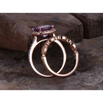 2pcs Amethyst wedding ring set!8mm Cushion Engagement ring,petite rose gold plated,925 sterling silver stacking CZ Bridal ring,matching band,Women Halo ring,Man Made diamond CZ ring,any size