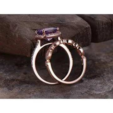 2pcs Amethyst wedding ring set!8mm Cushion Engagement ring,petite rose gold plated,925 sterling silver stacking CZ Bridal ring,matching band,Women Halo ring,Man Made diamond CZ ring,any size