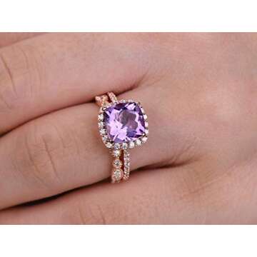 2pcs Amethyst wedding ring set!8mm Cushion Engagement ring,petite rose gold plated,925 sterling silver stacking CZ Bridal ring,matching band,Women Halo ring,Man Made diamond CZ ring,any size