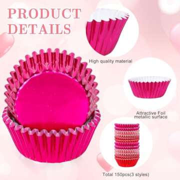 Whaline 150Pcs Valentine's Day Foil Cupcake Liners Pink Foil Metallic Baking Cup Gradient Pink Standard Muffin Cupcake Wrappers For Party Supplies