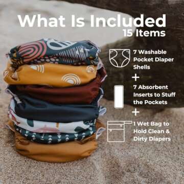 Nora's Nursery Cloth Diapers 7 Pack with 7 Inserts & 1 Wet Bag - Waterproof Cover, Washable, Reusabl...
