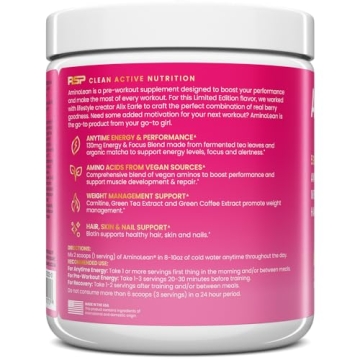 AminoLean Pre Workout Clean Energy Vegan Biotin Berry Elixir