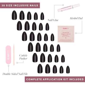 Glamnetic Press On Nails - Boba | Opaque Black Short Almond Nails, Reusable | 12 Sizes - 24 Nail Kit