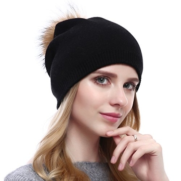 Women Knit Wool Beanie - Winter Fashion Solid Wool Hats Real Removable Raccoon Fur Pom Pom Warm Ski ...