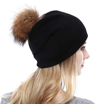 Women Knit Wool Beanie - Winter Fashion Solid Wool Hats Real Removable Raccoon Fur Pom Pom Warm Ski Beanie (Black),One Size