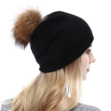 Women Knit Wool Beanie - Winter Fashion Solid Wool Hats Real Removable Raccoon Fur Pom Pom Warm Ski Beanie (Black),One Size