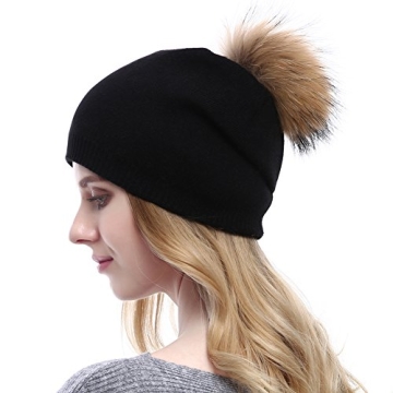 Women Knit Wool Beanie - Winter Fashion Solid Wool Hats Real Removable Raccoon Fur Pom Pom Warm Ski Beanie (Black),One Size