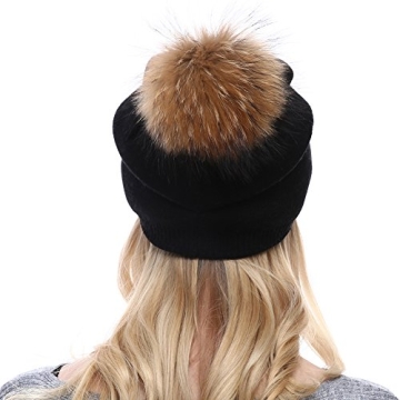 Women Knit Wool Beanie - Winter Fashion Solid Wool Hats Real Removable Raccoon Fur Pom Pom Warm Ski Beanie (Black),One Size
