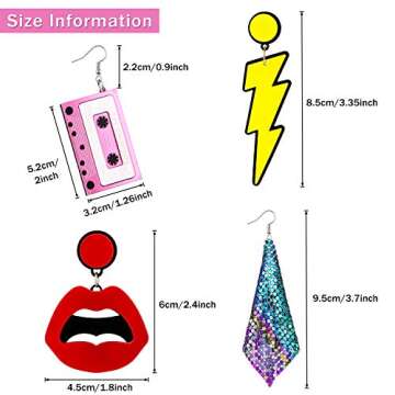 Hicarer 4 Pairs 80s Earrings for Women 90s Neon Earrings Retro 1980s Jewelry for 80s Outfit Glow Par...