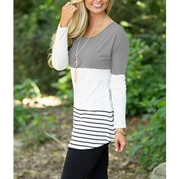 Hount Womens Fall Fashion 2024 Long Sleeve Tunic Tops for Leggings Dressy Tshirts Shirts Blouses Striped Shirt Clothes (Medium, Grey)