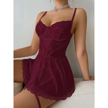 Lilosy Sexy Floral Lace Babydoll NightDress Thong Chemise Lingerie Nightwear Cute Underwire Push Up Corset Outfit with Women Mesh Sheer Nightgown Slip Wine Red Small