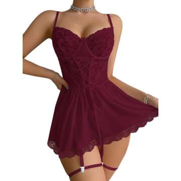 Lilosy Sexy Floral Lace Babydoll NightDress Thong Chemise Lingerie Nightwear Cute Underwire Push Up Corset Outfit with Women Mesh Sheer Nightgown Slip Wine Red Small