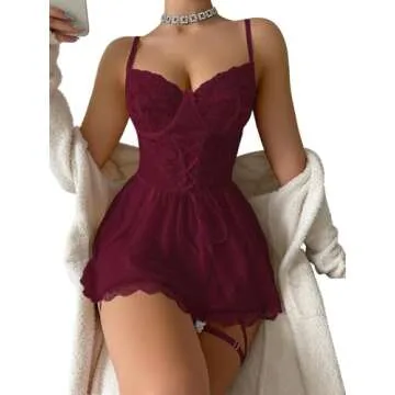 Lilosy Sexy Floral Lace Babydoll NightDress Thong Chemise Lingerie Nightwear Cute Underwire Push Up Corset Outfit with Women Mesh Sheer Nightgown Slip Wine Red Small