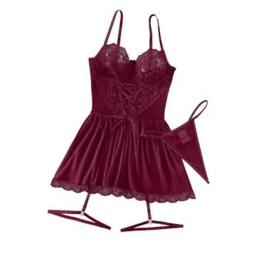 Lilosy Sexy Floral Lace Babydoll NightDress Thong Chemise Lingerie Nightwear Cute Underwire Push Up Corset Outfit with Women Mesh Sheer Nightgown Slip Wine Red Small