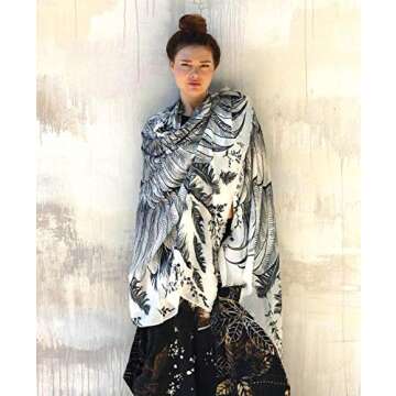 Bird feathers Hand Painted & Printed Pure Cotton LARGE SHAWL (White Feather Shawl)