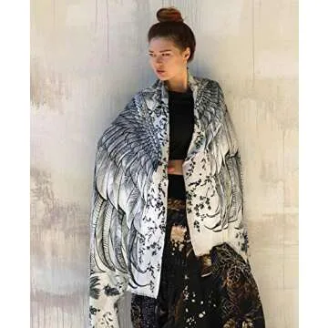 Bird feathers Hand Painted & Printed Pure Cotton LARGE SHAWL (White Feather Shawl)