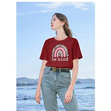 Womens Be Kind T Shirt Cute Graphic Blessed Shirt Funny Inspirational Teacher Short Sleeve Tees Tops Dark Red