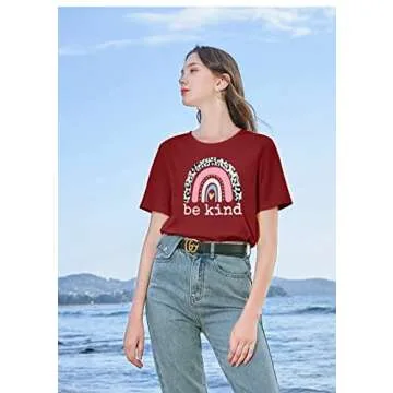 Womens Be Kind T Shirt Cute Graphic Blessed Shirt Funny Inspirational Teacher Short Sleeve Tees Tops Dark Red