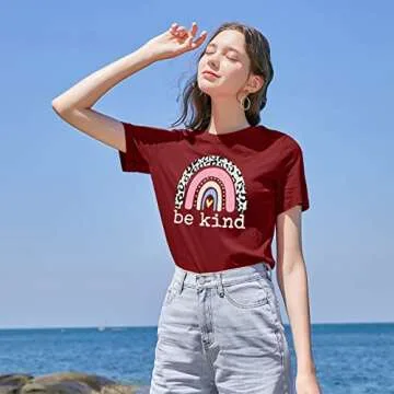 Womens Be Kind T Shirt Cute Graphic Blessed Shirt Funny Inspirational Teacher Short Sleeve Tees Tops Dark Red