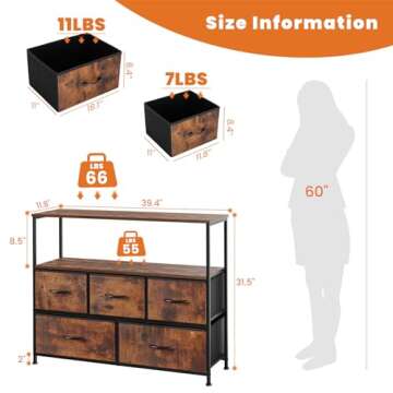 Sweetcrispy TV Stand for Bedroom, TV Dresser for 45 inches, Media Console Table, Entertainment Center with 5 Fabric Drawers Cabinet and Open Storage Shelf Furniture Cabinet for Living Room, Hallway