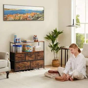 Sweetcrispy TV Stand for Bedroom with 5 Fabric Drawers
