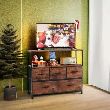 Sweetcrispy TV Stand for Bedroom with 5 Fabric Drawers