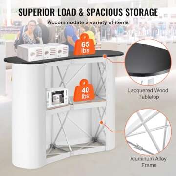 VEVOR Portable Tradeshow Podium Table, 51.18" x 18.31" x 37.4", Display Exhibition Counter Stand Booth Fair with Wall, Foldable Promotion Retail Bar Table Pop Up Podium with Storage Rack, Carrying Bag