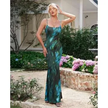 HTZMO Women's Floral Maxi Dress Bodycon Spaghetti Straps Sundress Summer Beach Casual Long Dress Green M