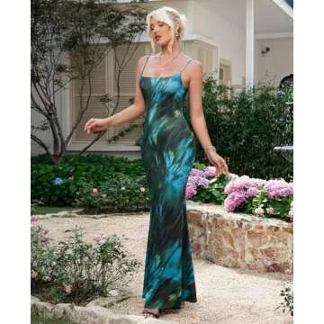 HTZMO Women's Floral Maxi Dress Bodycon Spaghetti Straps Sundress Summer Beach Casual Long Dress Green M
