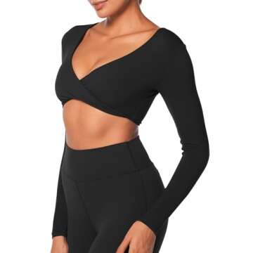 Sunzel Women's Long Sleeve Crop Top Buttery Soft Deep V Twist Workout Tee with Compression for Yoga Pilates Gym Black Medium