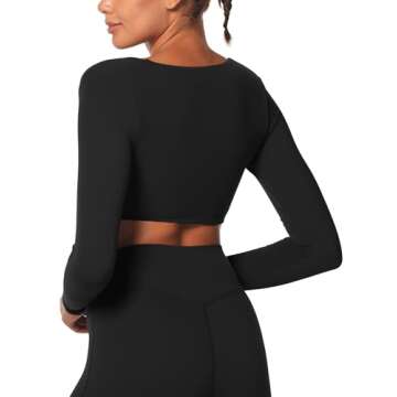 Sunzel Women's Long Sleeve Crop Top Buttery Soft Deep V Twist Workout Tee with Compression for Yoga Pilates Gym Black Medium