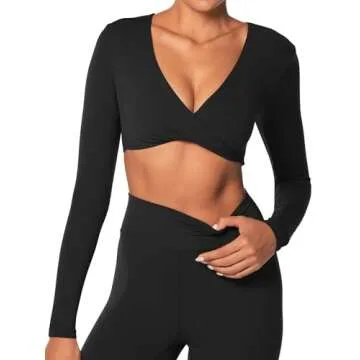 Sunzel Women's Long Sleeve Crop Top Buttery Soft Deep V Twist Workout Tee with Compression for Yoga Pilates Gym Black Medium