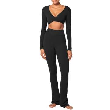 Sunzel Women's Long Sleeve Crop Top Buttery Soft Deep V Twist Workout Tee with Compression for Yoga Pilates Gym Black Medium