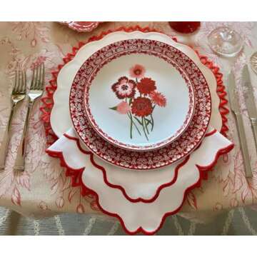 Red and White Napkins, Scalloped Napkins Cloth, 100% Pure Cotton, Embroidered Napkins, White Linen Napkins, Set 4 Wedding Napkins, Farmhouse Dinner Napkins Washable, White Napkins with Red Trim 18x18