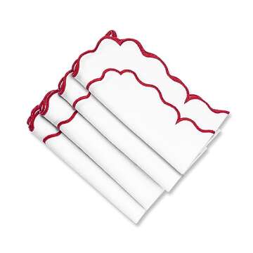 Red and White Napkins, Scalloped Napkins Cloth, 100% Pure Cotton, Embroidered Napkins, White Linen Napkins, Set 4 Wedding Napkins, Farmhouse Dinner Napkins Washable, White Napkins with Red Trim 18x18