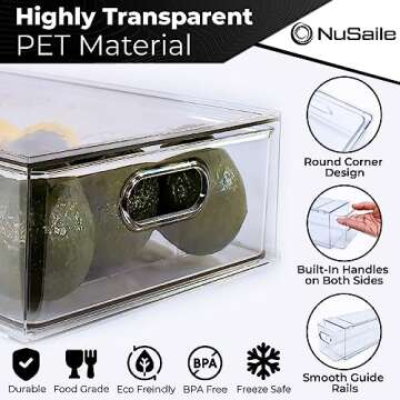 NuSaile Stackable Refrigerator Organizer Bins Pull Out Drawers with Handles - Vegetable and Fruit Storage Containers for Fridge - Plastic Kitchen Food Storage Bins - 6L with Dividers+3L+3L (3 PC Set)