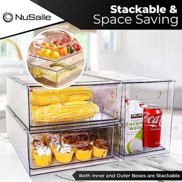 NuSaile Stackable Refrigerator Organizer Bins Pull Out Drawers with Handles - Vegetable and Fruit Storage Containers for Fridge - Plastic Kitchen Food Storage Bins - 6L with Dividers+3L+3L (3 PC Set)