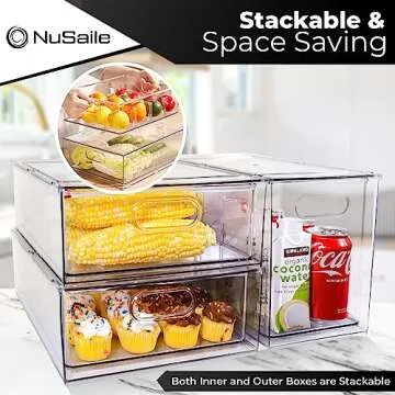 NuSaile Stackable Refrigerator Organizer Bins Pull Out Drawers with Handles - Vegetable and Fruit Storage Containers for Fridge - Plastic Kitchen Food Storage Bins - 6L with Dividers+3L+3L (3 PC Set)