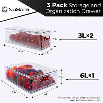 NuSaile Stackable Refrigerator Organizer Bins Pull Out Drawers with Handles - Vegetable and Fruit Storage Containers for Fridge - Plastic Kitchen Food Storage Bins - 6L with Dividers+3L+3L (3 PC Set)