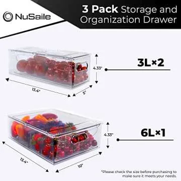 NuSaile Stackable Refrigerator Organizer Bins Pull Out Drawers with Handles - Vegetable and Fruit Storage Containers for Fridge - Plastic Kitchen Food Storage Bins - 6L with Dividers+3L+3L (3 PC Set)